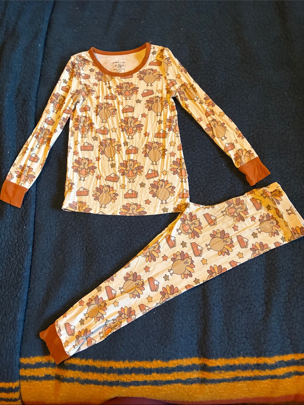 Caden Lane Cream & Rust Turkey Print Kids Pajama Set